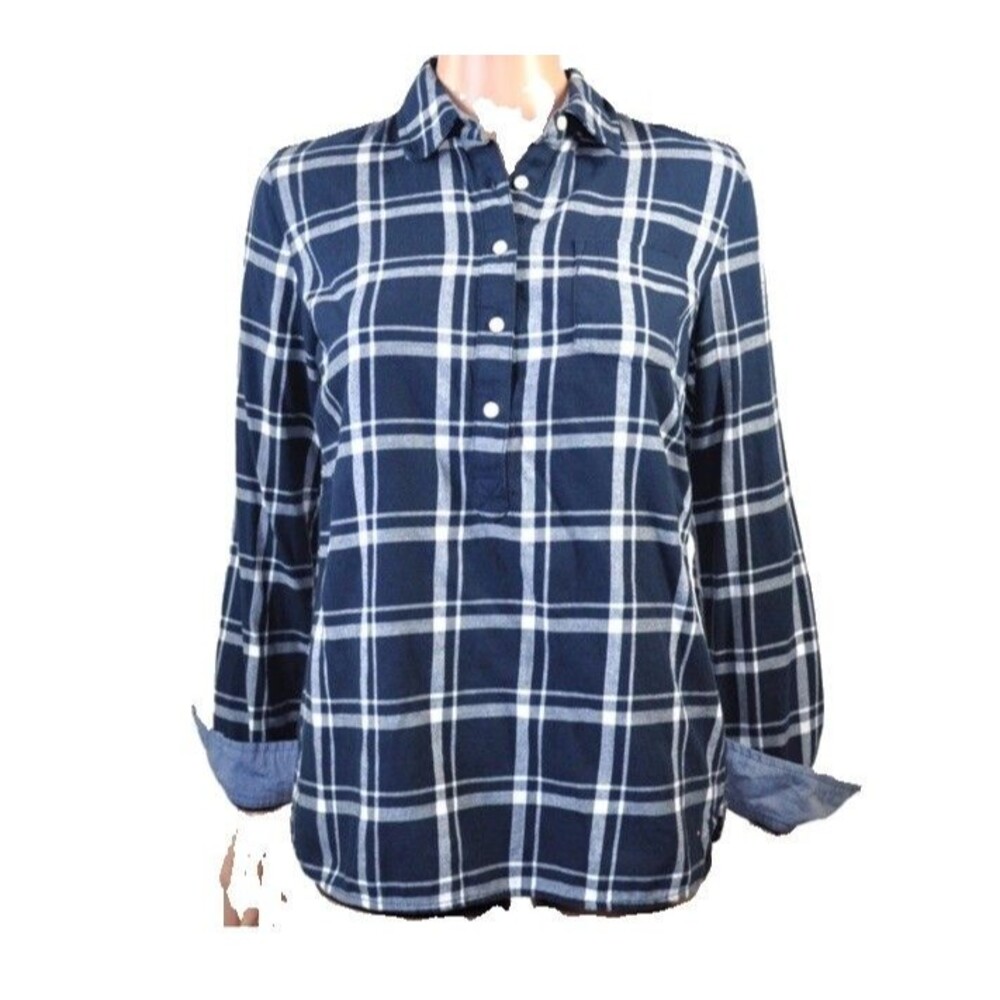 Tommy Hilfiger Womens S Blue Plaid Roll Tab Long Sleeve 3/4 Button-Down Flannel